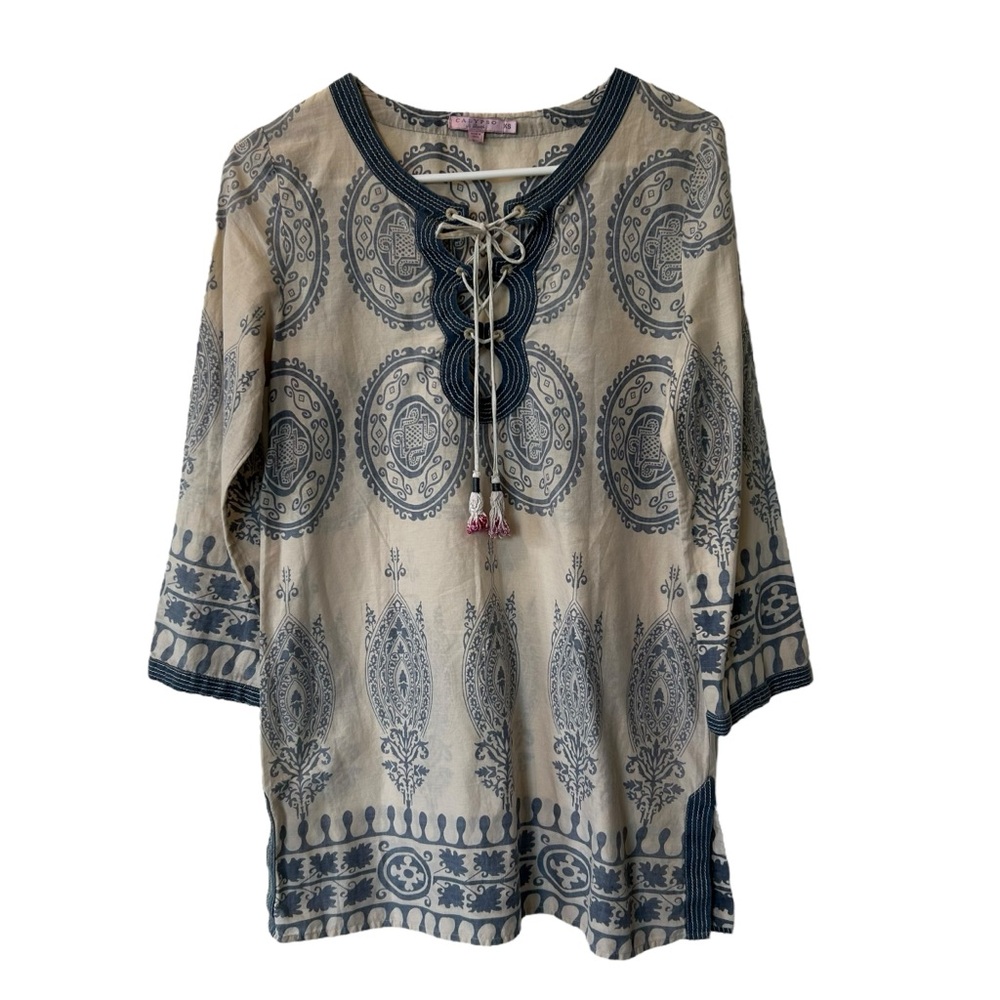 Calypso St. Barth Cream 3/4 Sleeve Tie Front Tunic